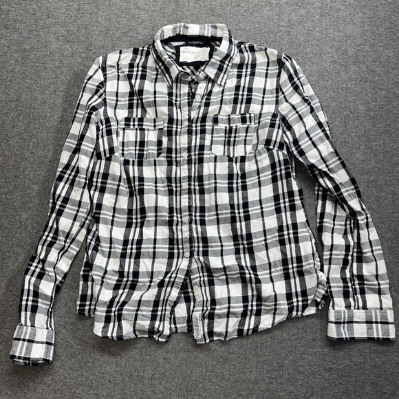 Aeropostale women's button flannel shirt size large black white long sleeve - Picture 1 of 6